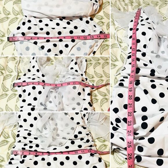 Unique Vintage Polka Dot Ruffle Sheath Swimsuit Mesh Ruffle Black White M NWT - Picture 11 of 11
